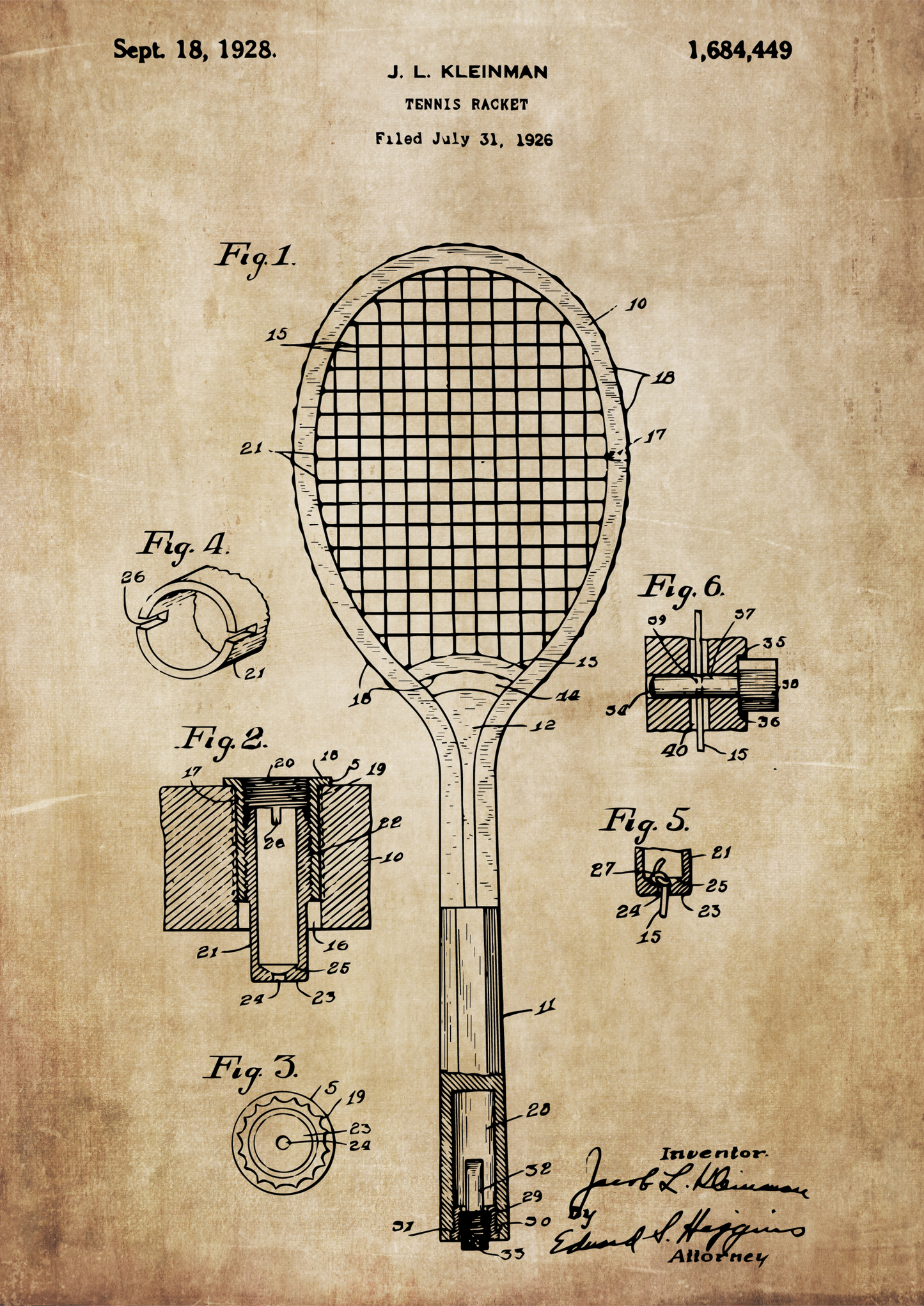 Print Arte Patente raquete de tênis sépia A3 - Pronta Entrega