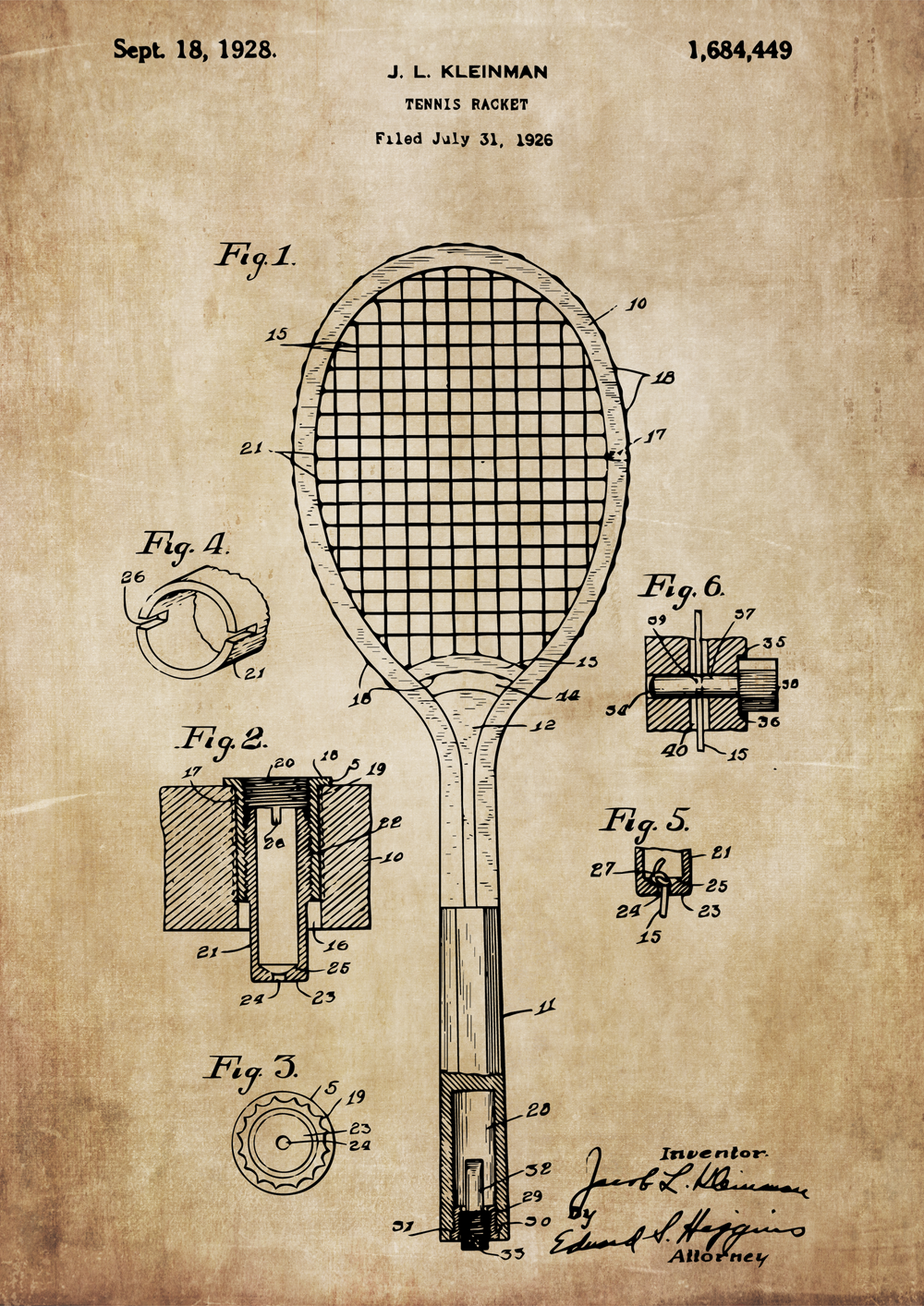 Quadro Patente Raquete Tênis sepia