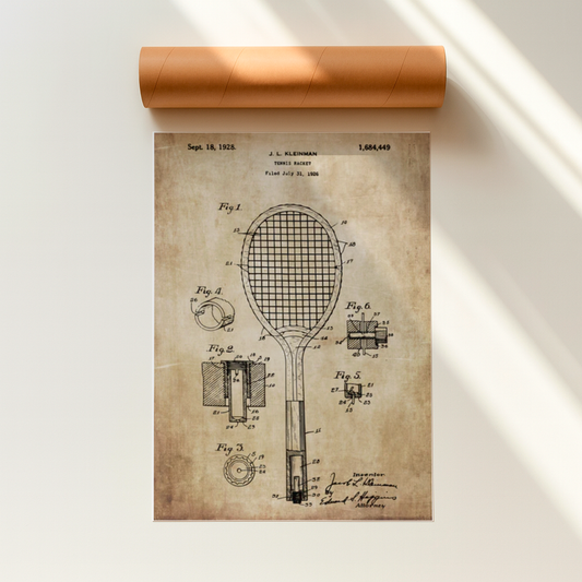 Print Arte Patente raquete de tênis sépia A3 - Pronta Entrega