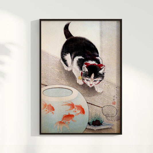 Quadro Cat and goldfish bowl (1933) por Ohara Koson