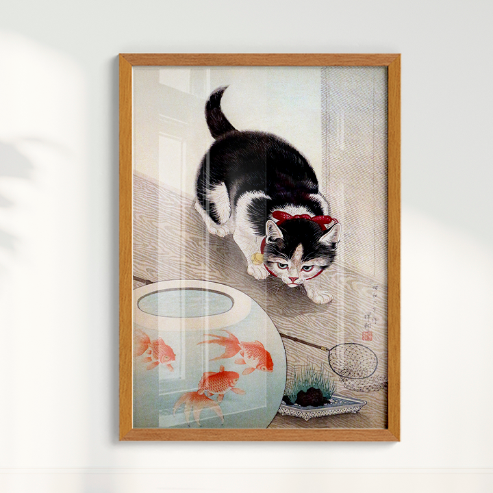Quadro Cat and goldfish bowl (1933) por Ohara Koson tamanho A2 - Pronta Entrega