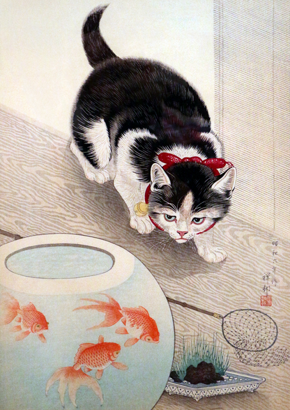 Cat and goldfish bowl (1933) por Ohara Koson