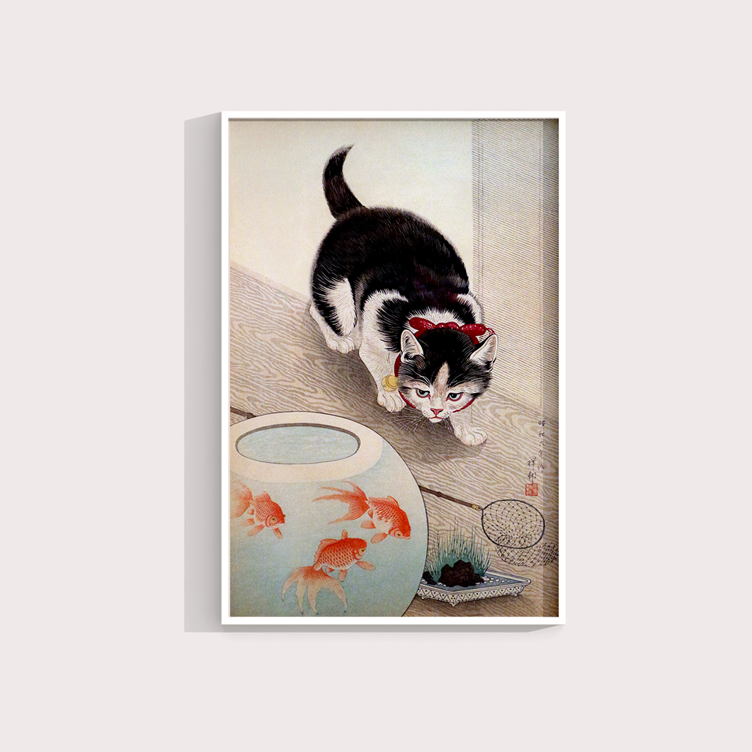 Cat and goldfish bowl (1933) por Ohara Koson