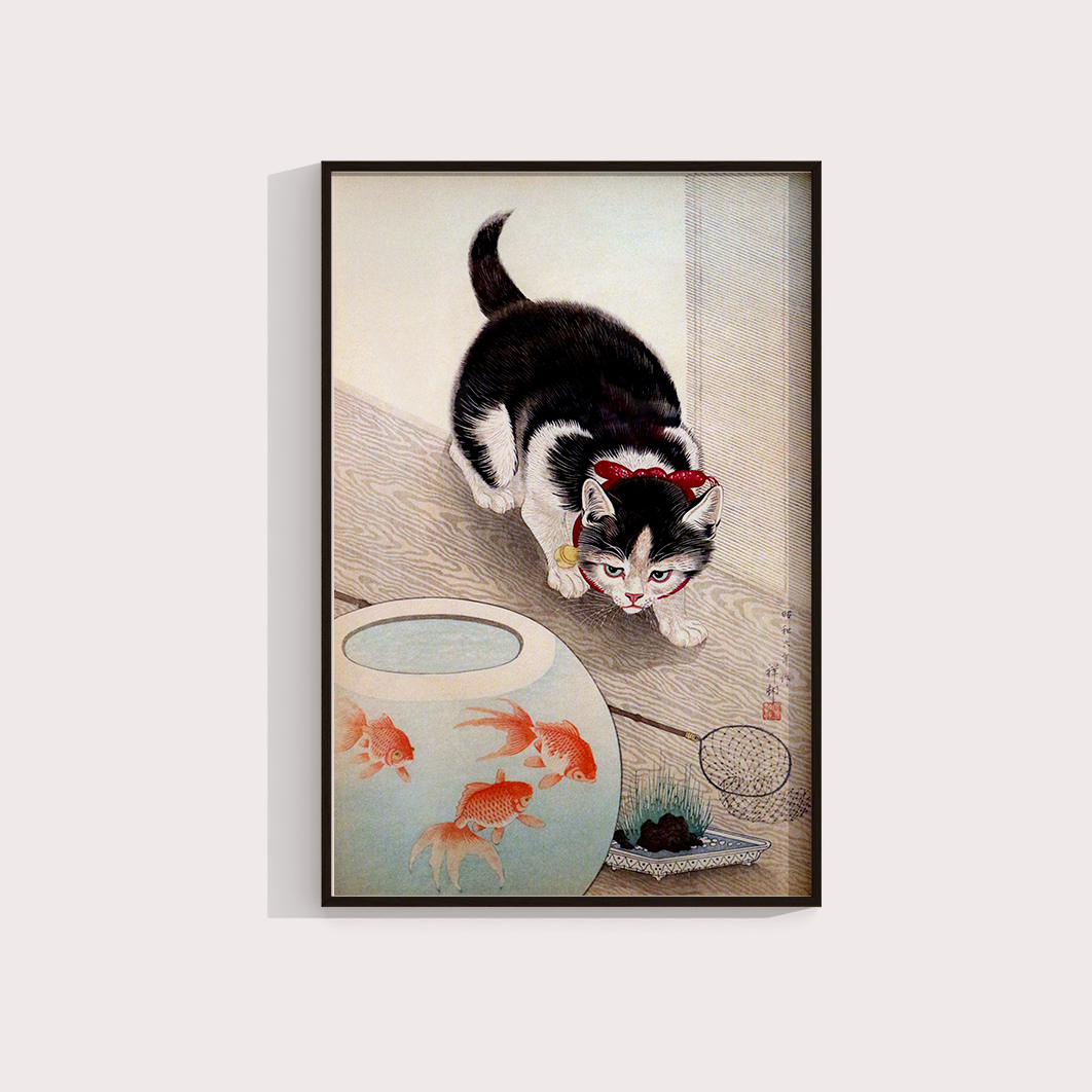 Cat and goldfish bowl (1933) por Ohara Koson