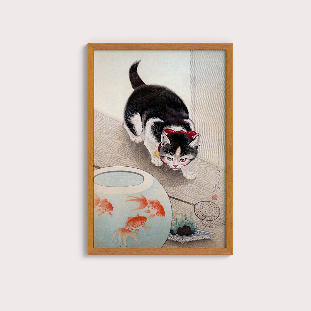 Cat and goldfish bowl (1933) por Ohara Koson