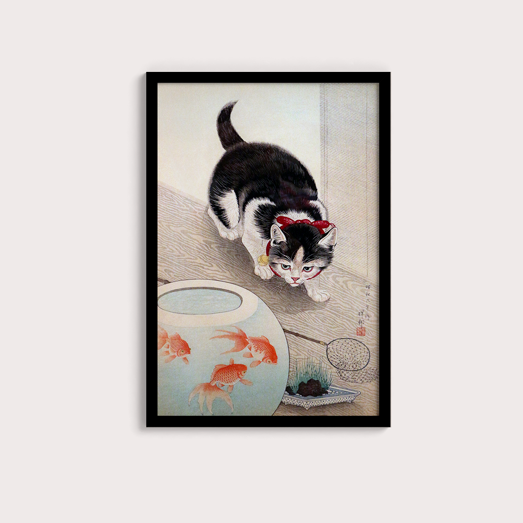 Cat and goldfish bowl (1933) por Ohara Koson