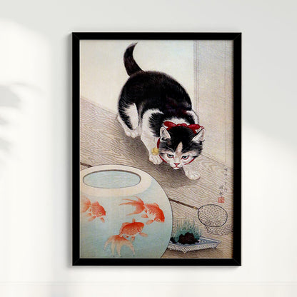Quadro Cat and goldfish bowl (1933) por Ohara Koson