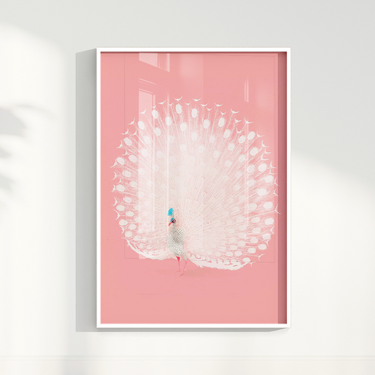 Quadro Pavão Branco fundo rosa