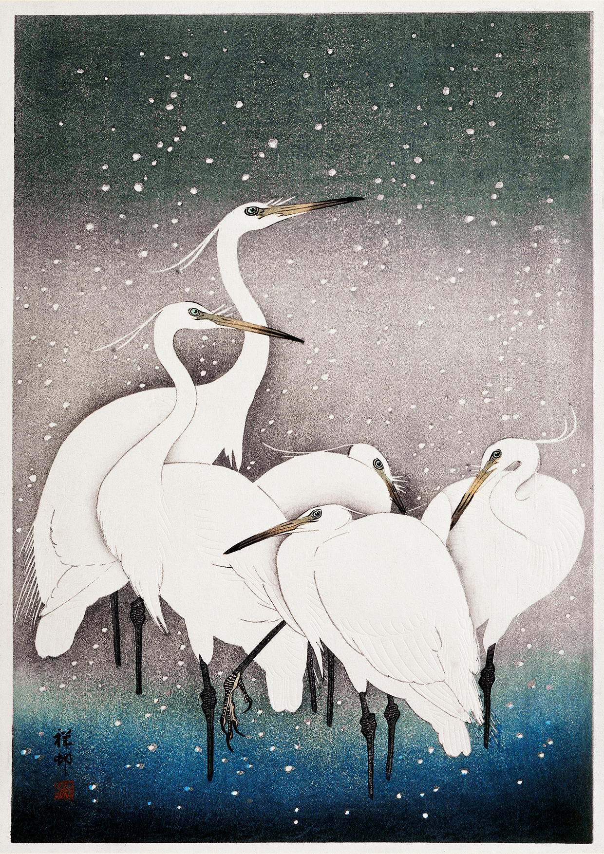 Grupo de garças - arte japonesa por Ohara Koson